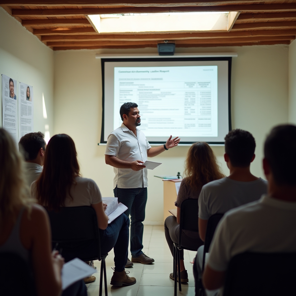 Community accountability session with leaders presenting reports to neighbors