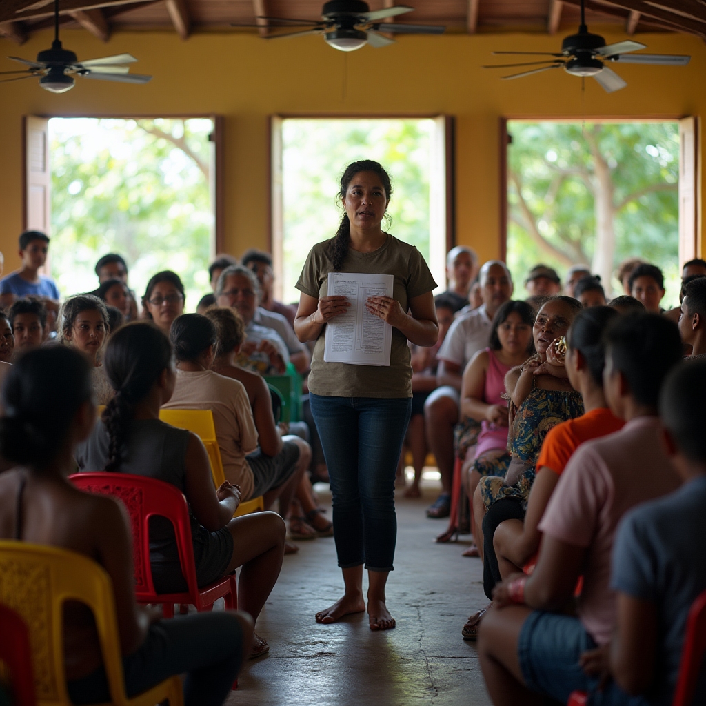 Community assembly in Barranquilla with residents participating in financial planning discussion
