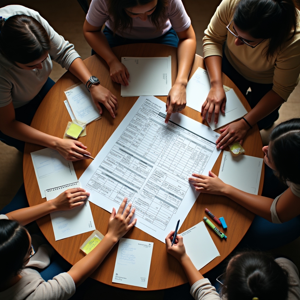 Group of community leaders engaged in collaborative economic decision-making process