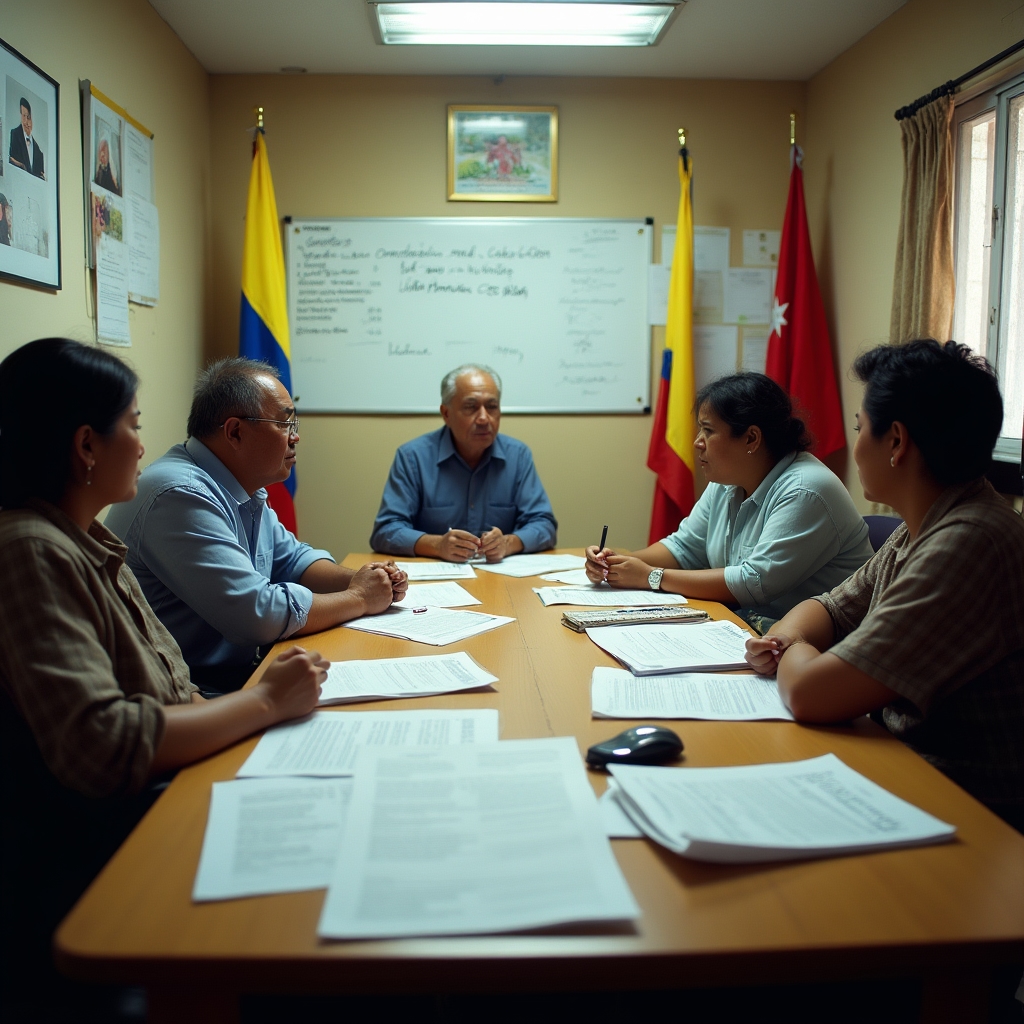 Junta de acción comunal meeting with leaders reviewing community financial documents
