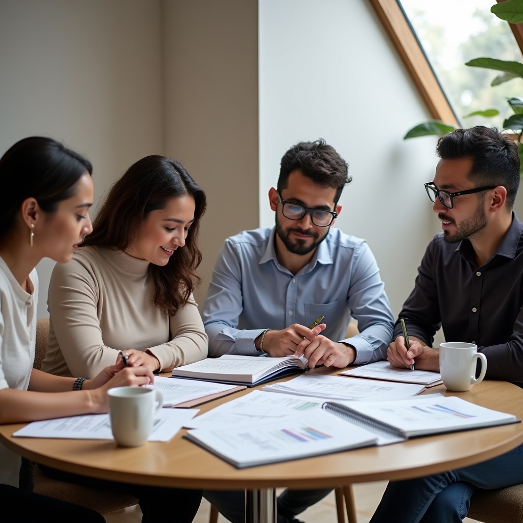 Community leaders studying collective finance materials together around a table