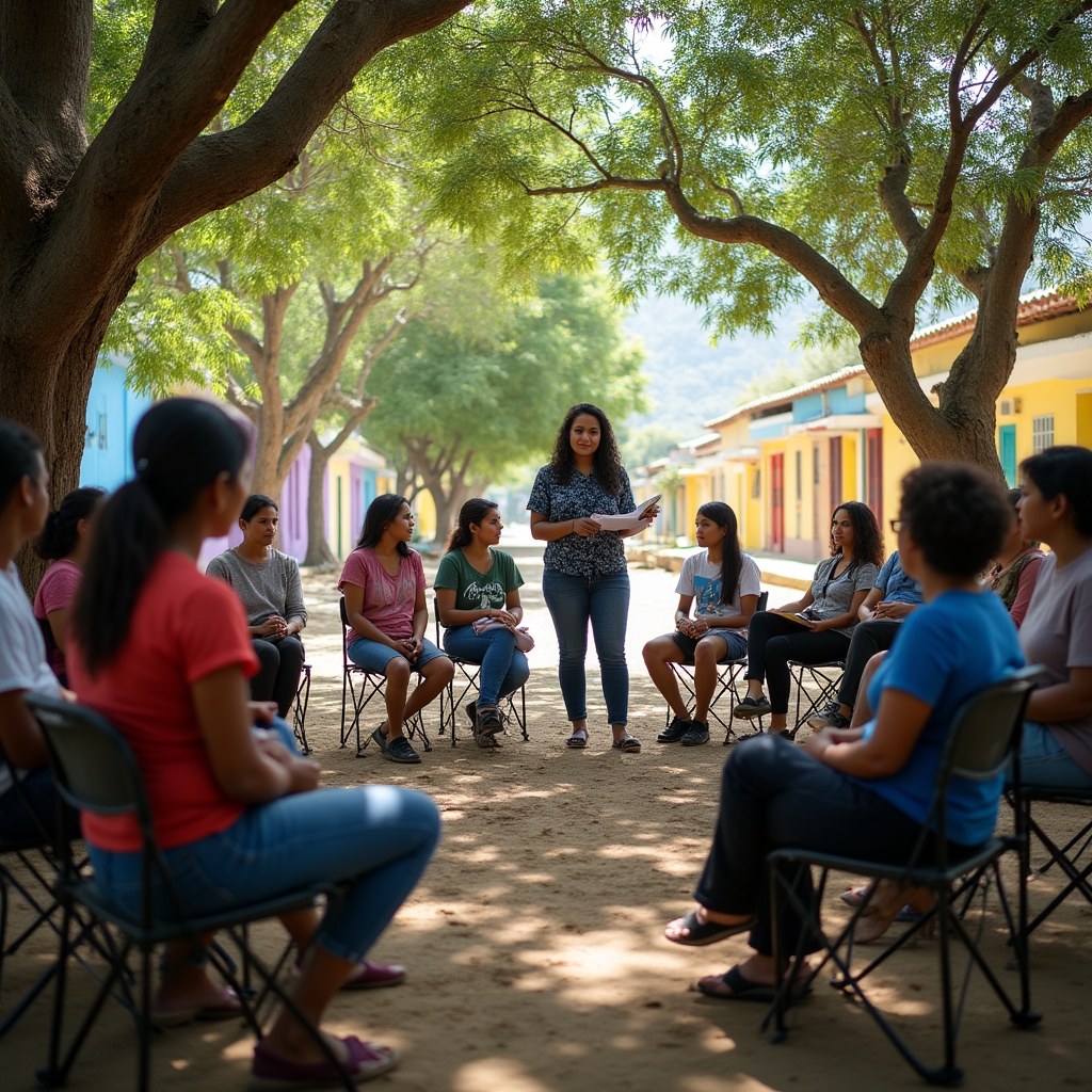 Outdoor community learning session with participants from a Colombian neighborhood organization